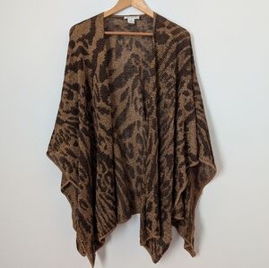 St. John Gold Tan Brown Metallic Animal Print Open Knit Wrap Shawl Cardigan